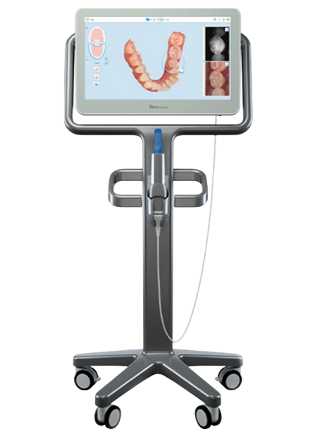 A dental imaging machine with a screen displaying 3D teeth models.