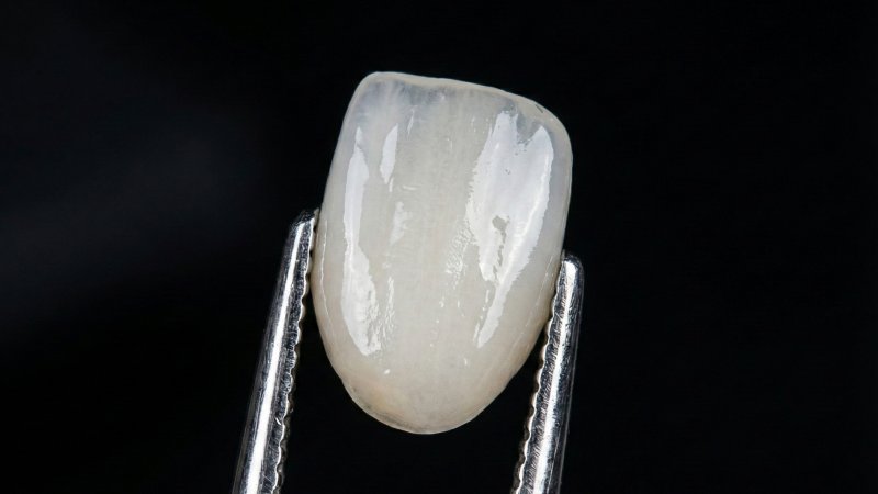 A closeup of steel forceps holding a dental veneer