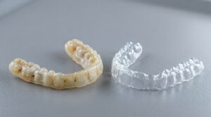 A stained aligner next to a new and clear Invisalign tray